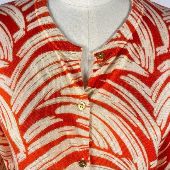J Crew Jackie Cardigan Sweater Palm Print Gold Buttons Size M F8269 Merino Wool - Picture 2 of 10